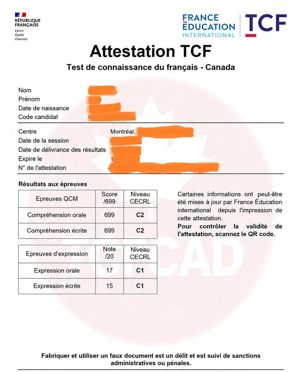 Attestation TCF Canada