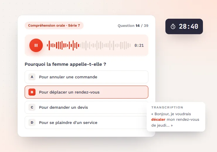 Série de compréhension orale TCF Canada : lecteur audio, question à choix multiple et transcription